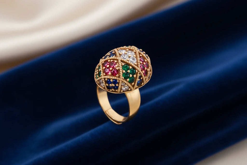 Vergoldeter Ring Empress Mosaic von flyliving mit bunten Edelsteinen besetzt auf blauem Samtstoff.