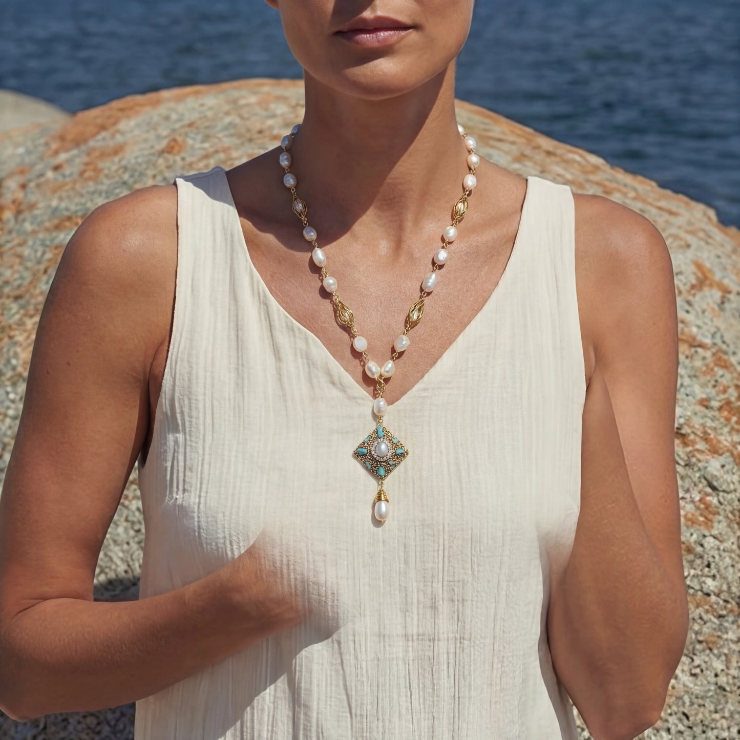 Celestial Pearl Drop Halskette | 14K vergoldetes Eco-Messing & Süßwasserperlen
