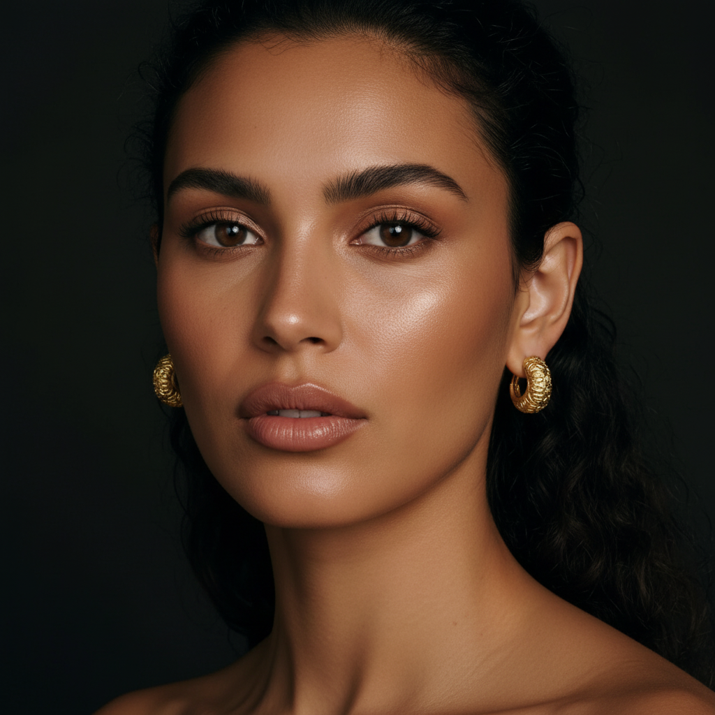Gold celestial-textured chunky hoop earrings by flyliving, worn by a model.