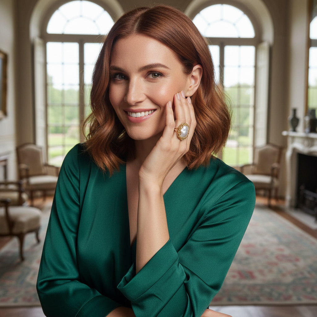 14K gold-plated Baroque pearl crown ring by flyliving, worn by a smiling woman in a green satin dress, hand to cheek.