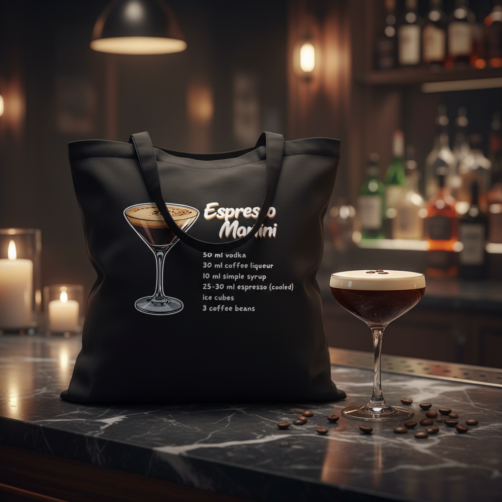 Schwarze baumwoll-tasche mit weißer aufgedruckter espresso martini illustration und rezept lustige cocktail-shopper