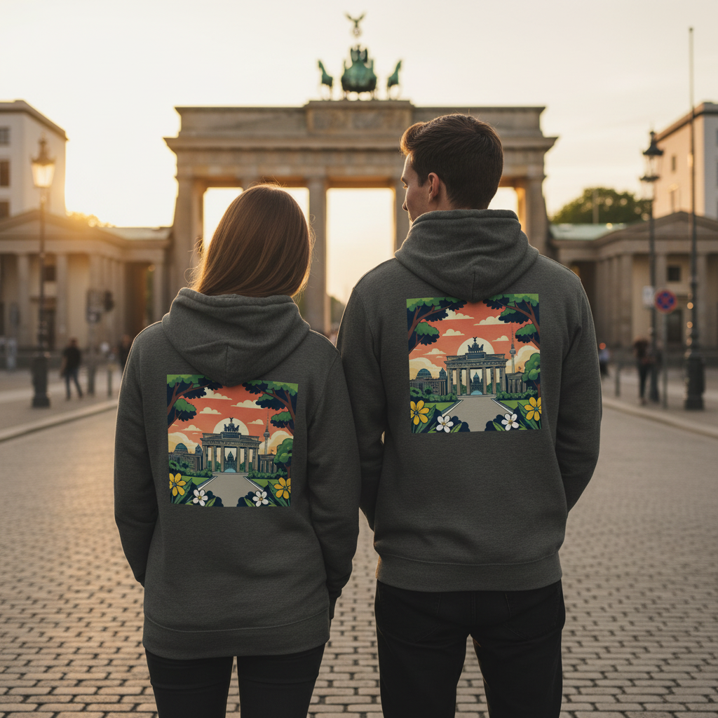 Grauer nachhaltiger kapuzenpullover mit reißverschluss und buntem bild der brandenburgertor rückenprint umgeben von bäumen und blumen
