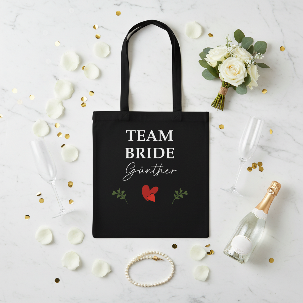 Personalisierter schwarzer canvas jga jutebeutel mit weißem team bride schriftzug und roten herzen für braut und team