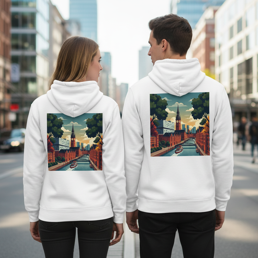 Weißer städte-hoodie aus nachhaltigem material mit farbigem städtedesign auf der rückseite und deutschem humor backprint