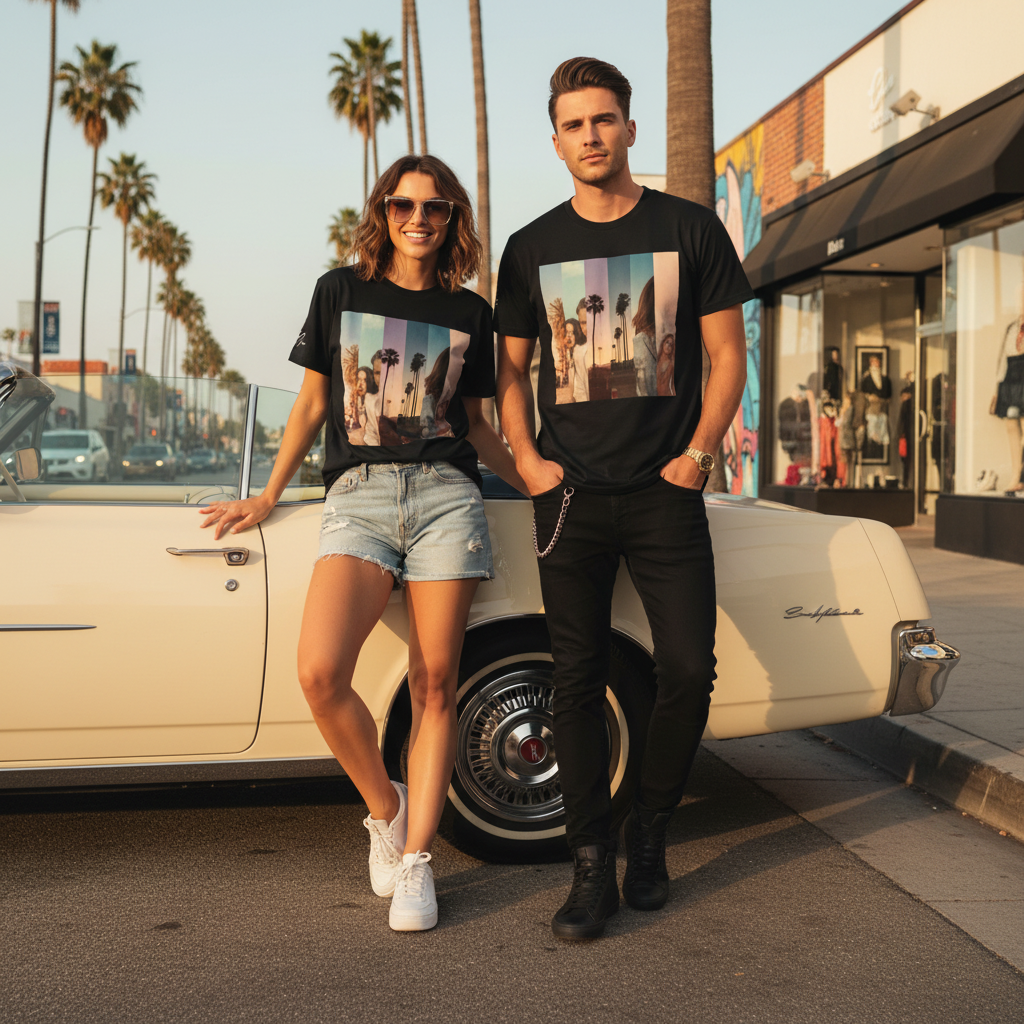 Schwarzes la sentimental heavyweight t-shirt aus hochwertigem material mit buntem palmbaum- und vintage-architekturprint