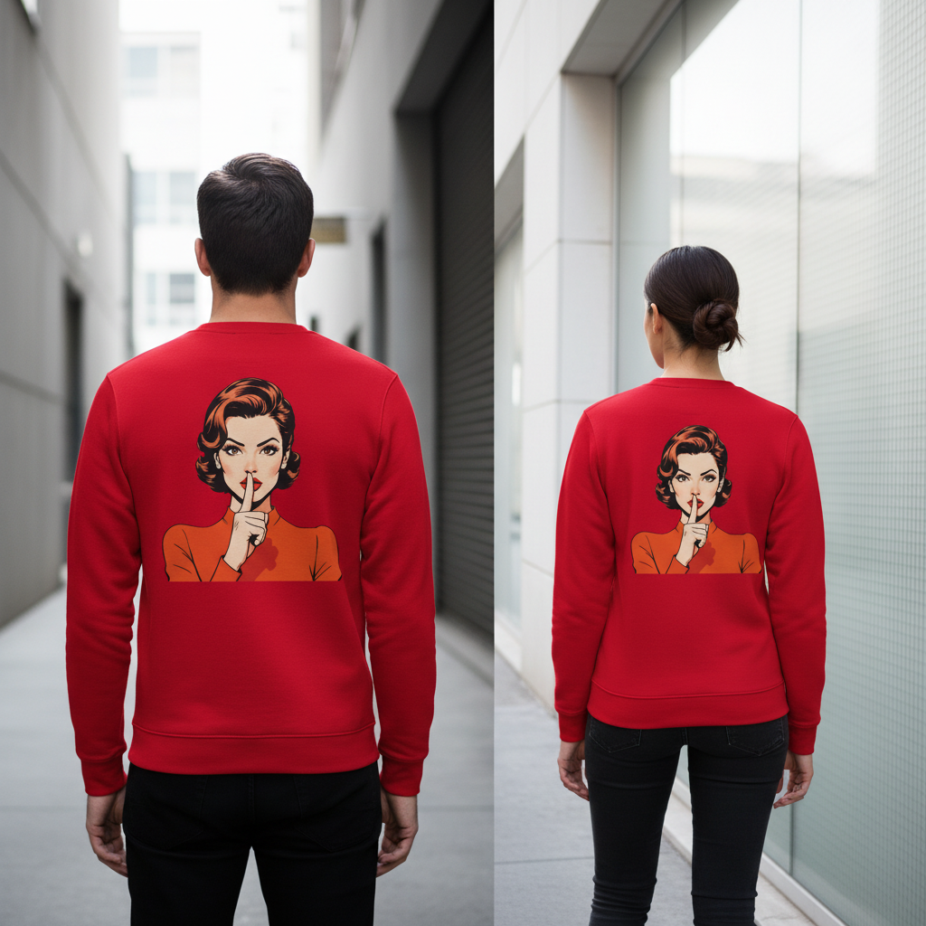 Roter crewneck sweatshirt mit vintage-illustration einer frau in orange top die eine shh-geste macht vintage comic pullover