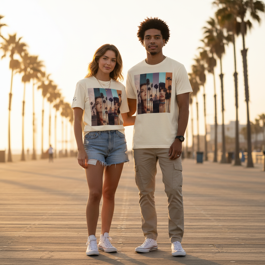Creamfarbene baumwoll-t-shirts mit lebendigem mehrfarbigem gesichts- und palmenprint LA Sentimental Heavyweight