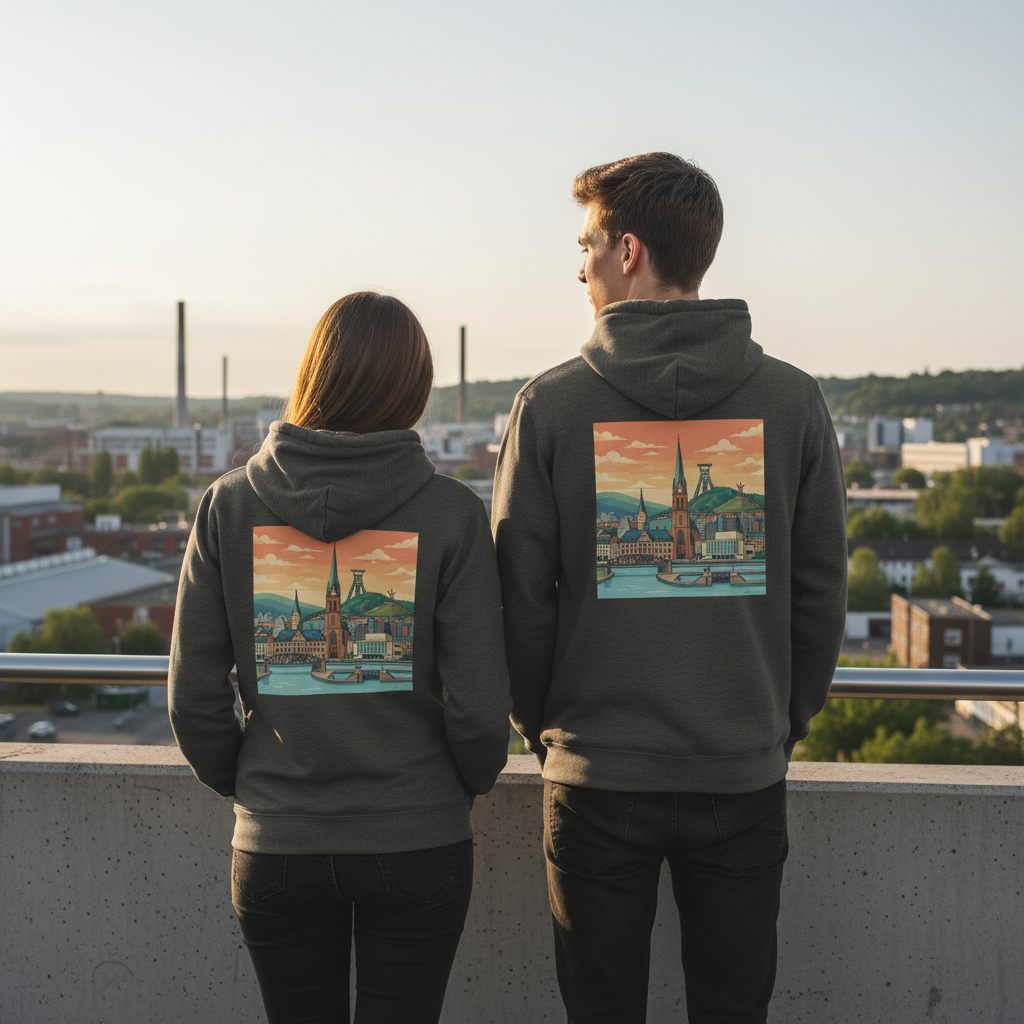 Olivegrüner städte-hoodie aus nachhaltigem material mit buntem illustrativem cityscape-print auf der rückseite