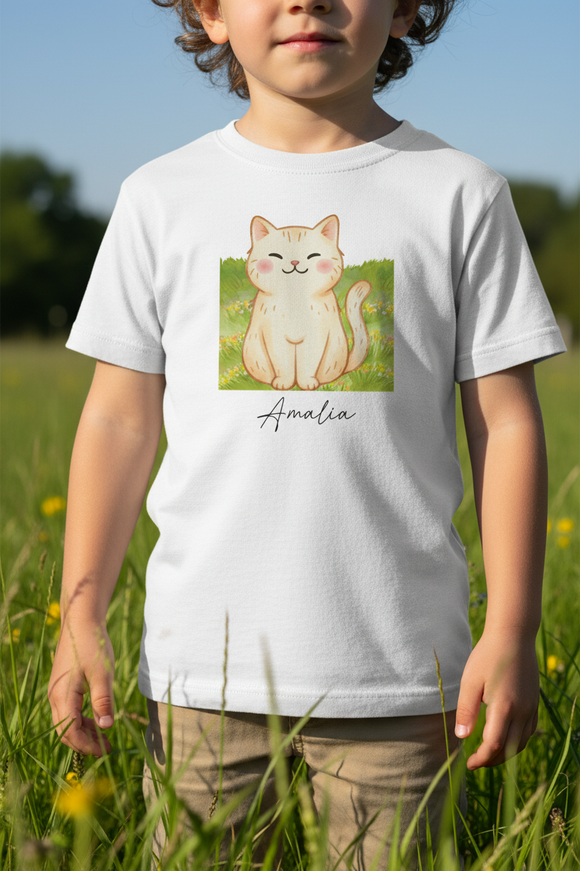 Weiße kinder t-shirt aus baumwolle mit süßer katzenillustration und personalisiertem namen amalia für geburtstag und schule