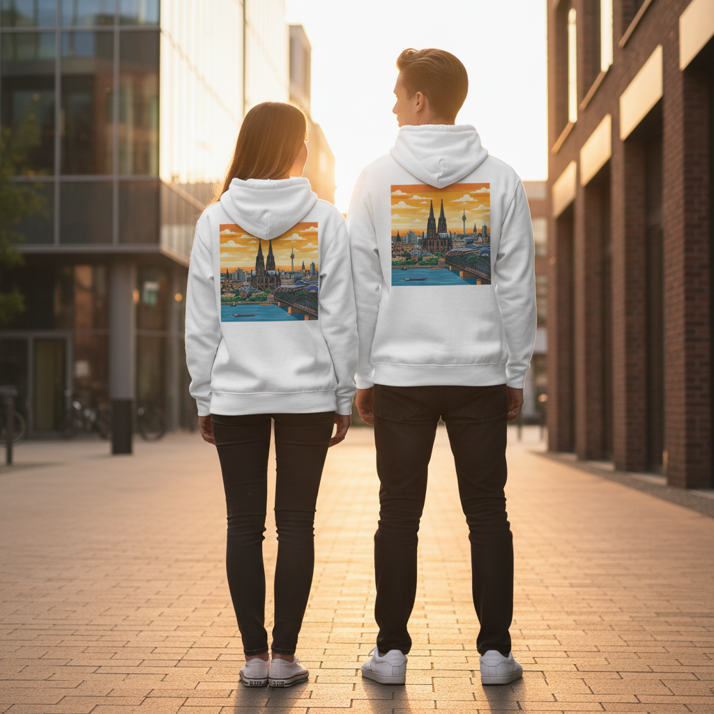 Weißer kapuzenpullover mit buntem städte-skyline sunset print auf der rückseite nachhaltiger zipper hoodie