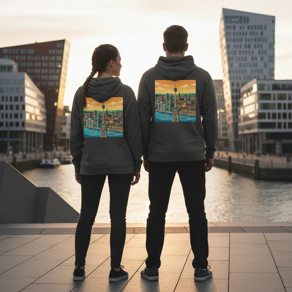 Rückseite eines grauen hoodies mit nachhaltigem reißverschluss und buntem städte-humor grafikdruck