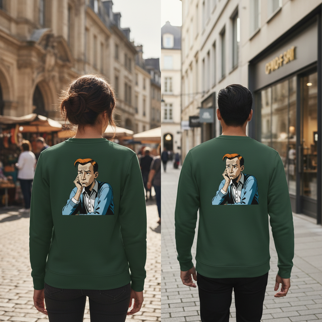 Dunkelgrüner langärmliger vintage comic pullover mit cartoonillustration eines mannes mit orangen haaren auf der rückseite