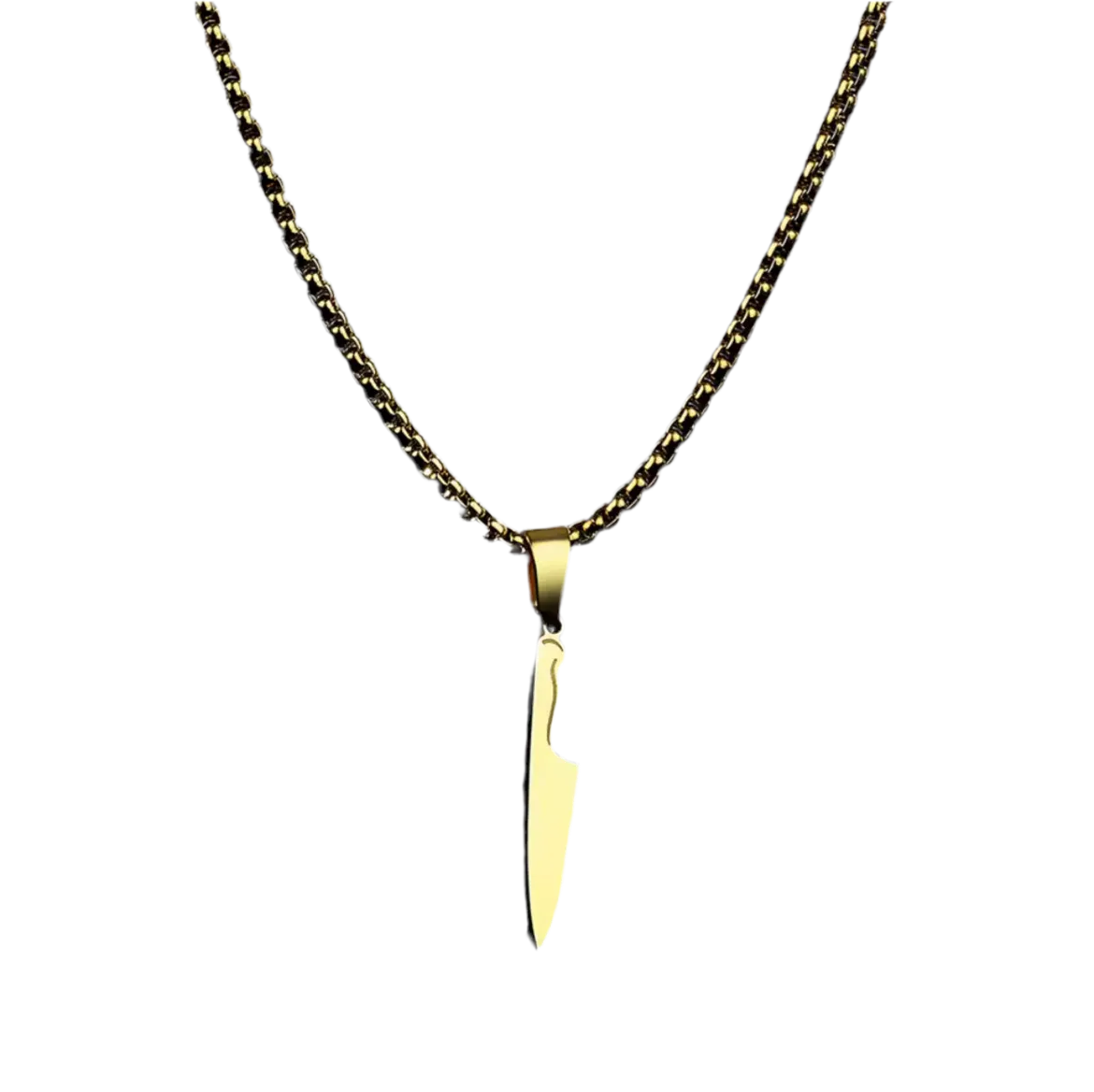 Die goldene Halskette „Laura“ von flyliving präsentiert einen Kochmesser-Anhänger als eleganten Edelstahl-Anhänger, der sich vor einem schlichten schwarzen Hintergrund abhebt.