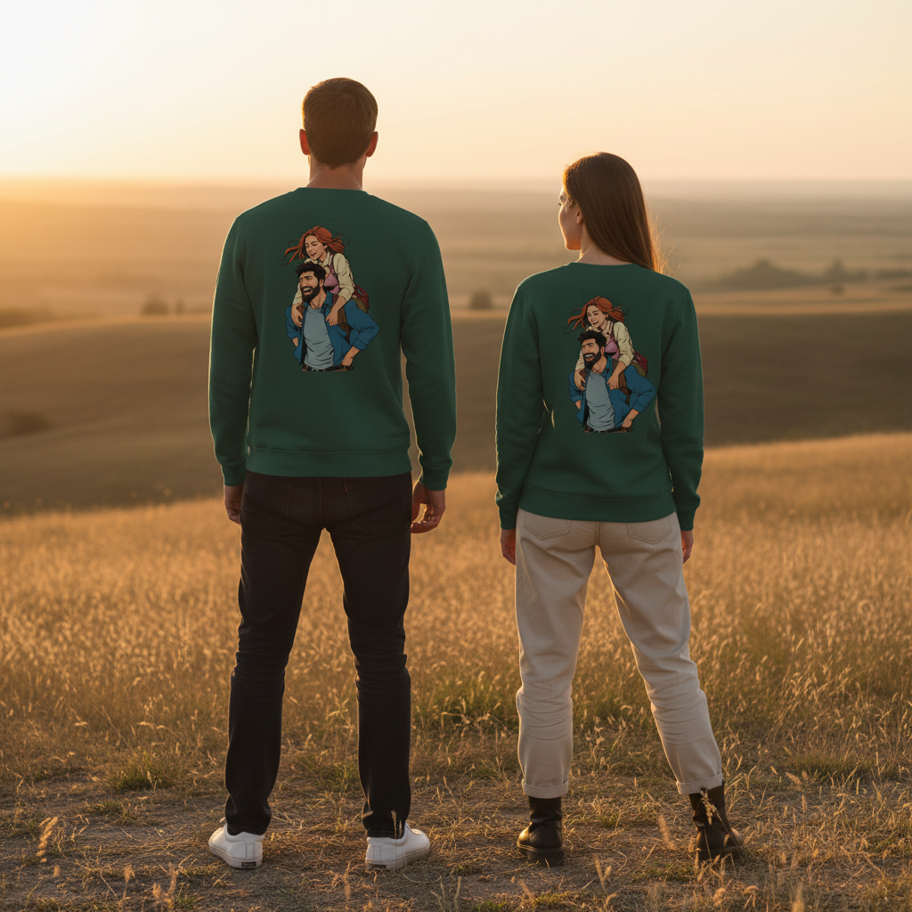 Grüner vintage comic pullover aus baumwolle mit cartoonillustration von zwei personen auf der rückseite für alltag und style
