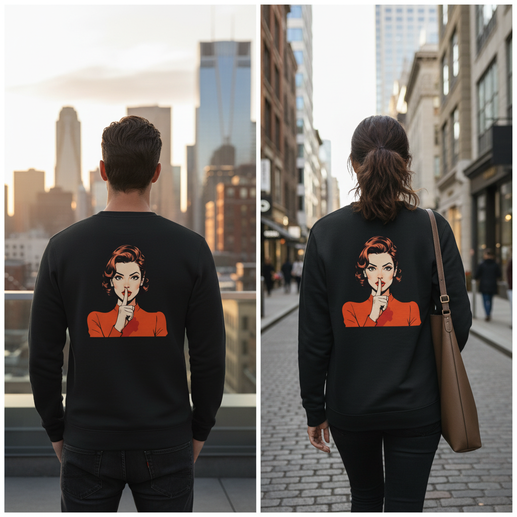Schwarzer langärmliger vintage comic pullover mit orangem pop-art frauenshirt und shh-gestik auf der rückseite