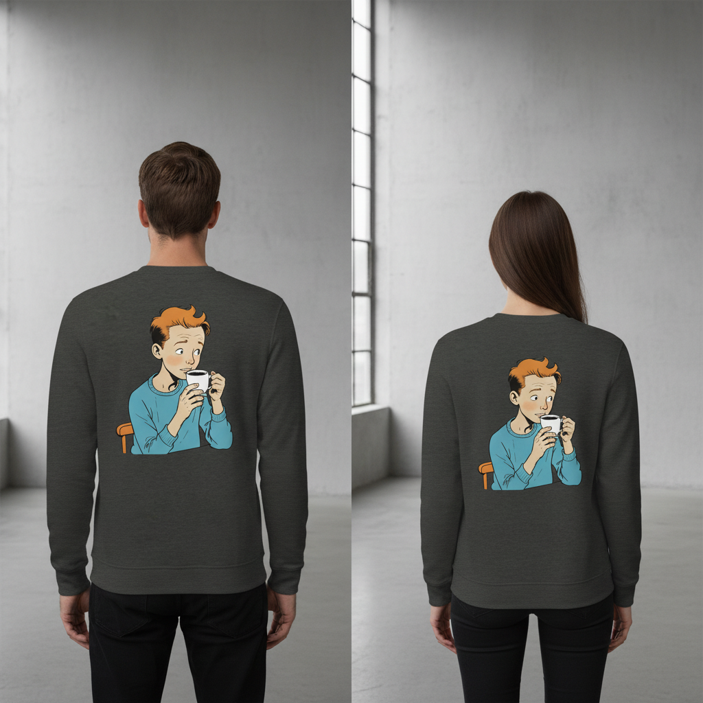 Dunkelgrauer vintage sweatpullover mit langarm und cartoon eines jungen in blau mit weißer tasse für alltag und style