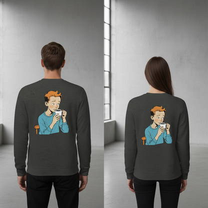 Dunkelgrauer vintage sweatpullover mit langarm und cartoon eines jungen in blau mit weißer tasse für alltag und style