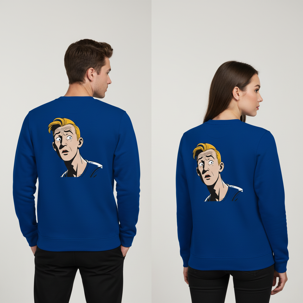 Royalblaue vintage comic pullover aus baumwolle mit cartoon eines überraschten manns für alltag und style