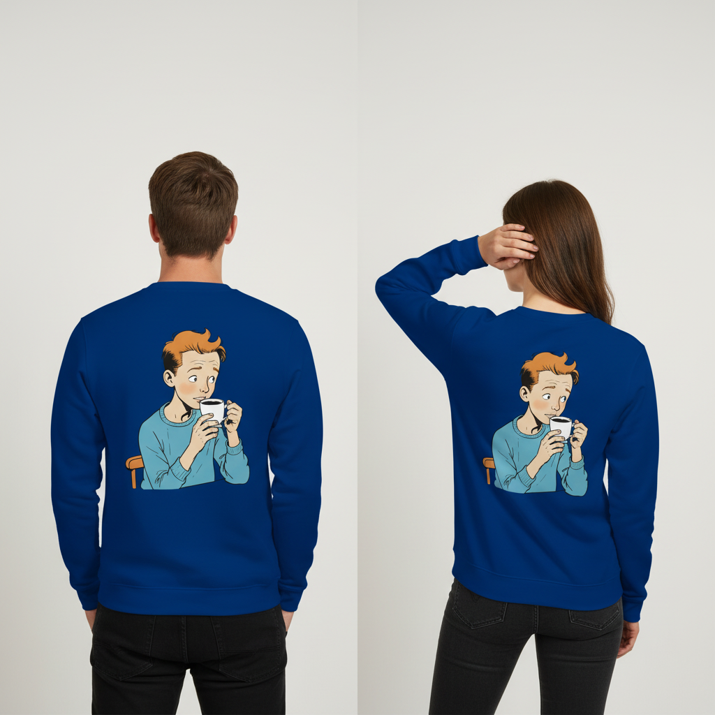 Royalblauer vintage comic pullover mit langärmeliger passform und cartoon-junge mit orangen haaren, der aus weißer tasse trinkt