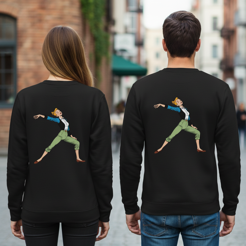 Schwarzer vintage comic pullover mit bunter cartoon-illustration einer tanzenden frau auf der rückseite