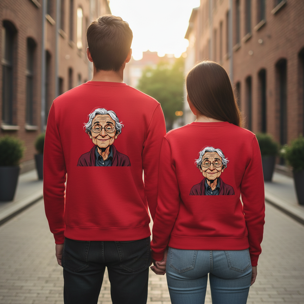 Roter vintage comic pullover mit cartoonillustration einer älteren frau mit grauen haaren und brille für alltag und style