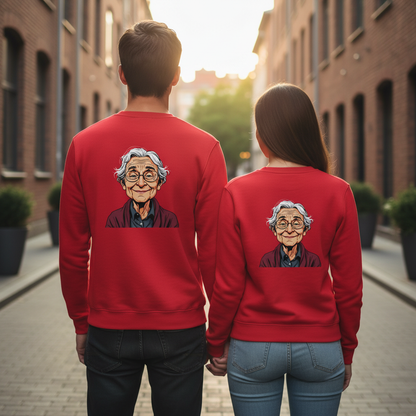 Roter vintage comic pullover mit cartoonillustration einer älteren frau mit grauen haaren und brille für alltag und style