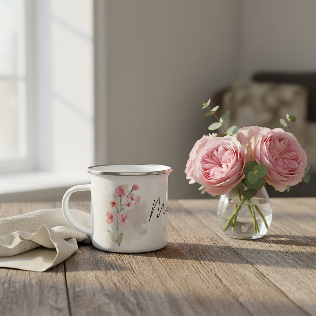 Personalisierbare weiße emaillierte tasse mit silbernem rand und zartem pinkem blumenmotiv sowie dem wort mom in kursiver schrift