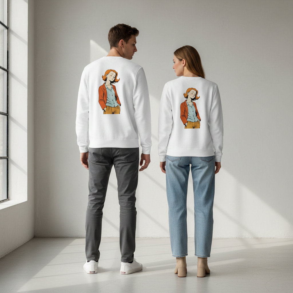 Weißer crewneck vintage comic pullover mit bunter cartoon-illustration einer frau in orange jacke auf der rückseite