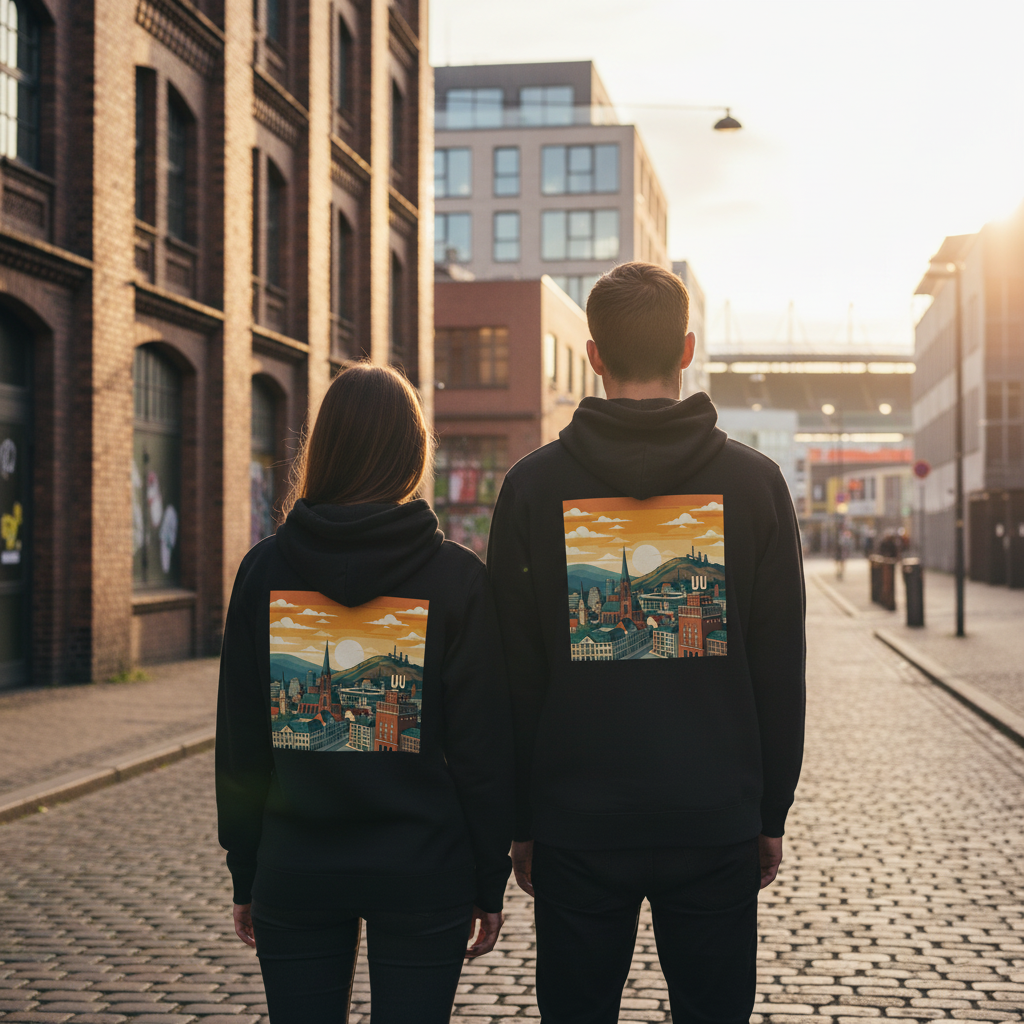Schwarzer hooded sweatshirt mit farbenfrohem, stilisiertem städte-cityscape-backprint aus nachhaltigem material