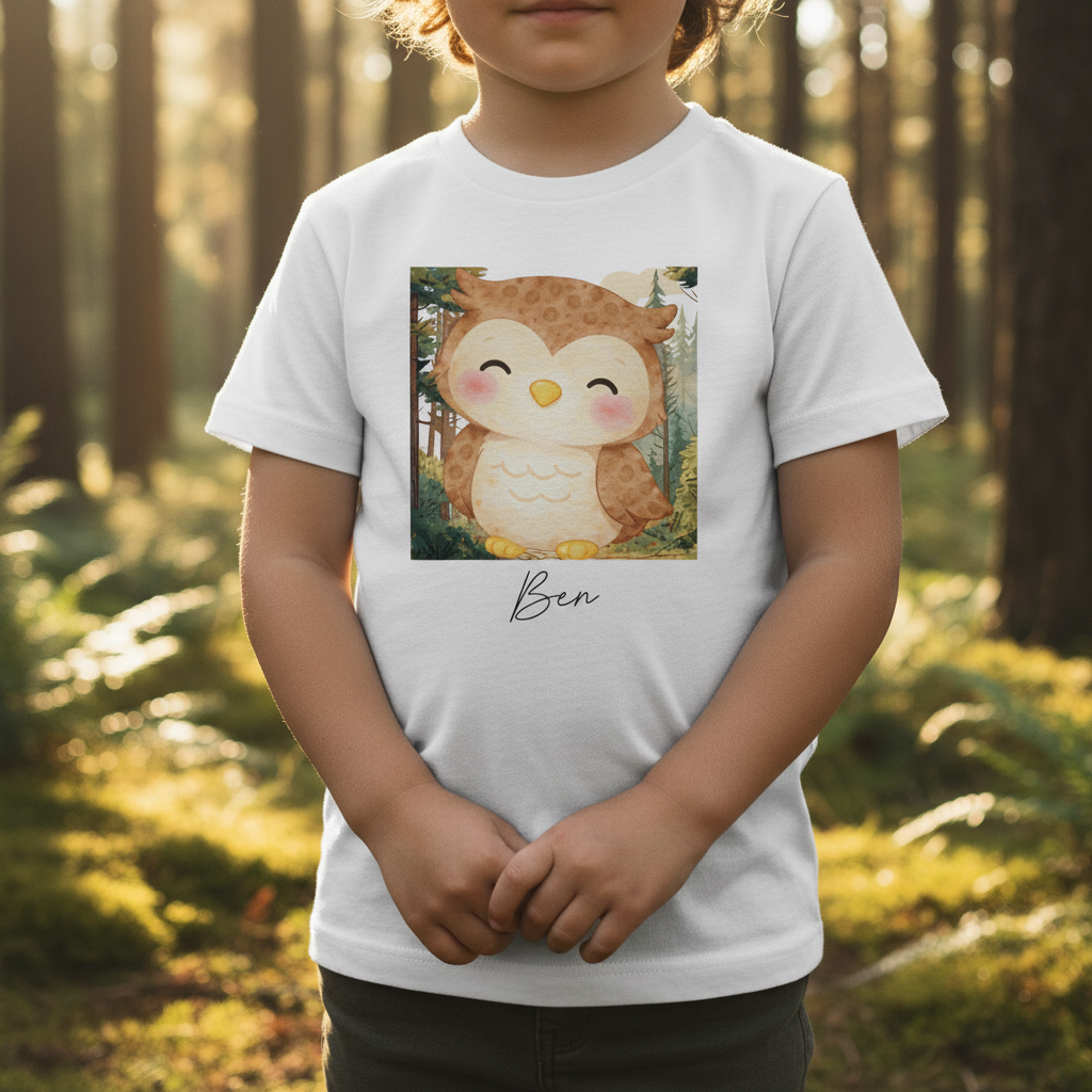 Weiße baumwoll-kinder t-shirt mit süßem eulen-cartoon, personalisiert mit namen ben für kindergeburtstag und schule