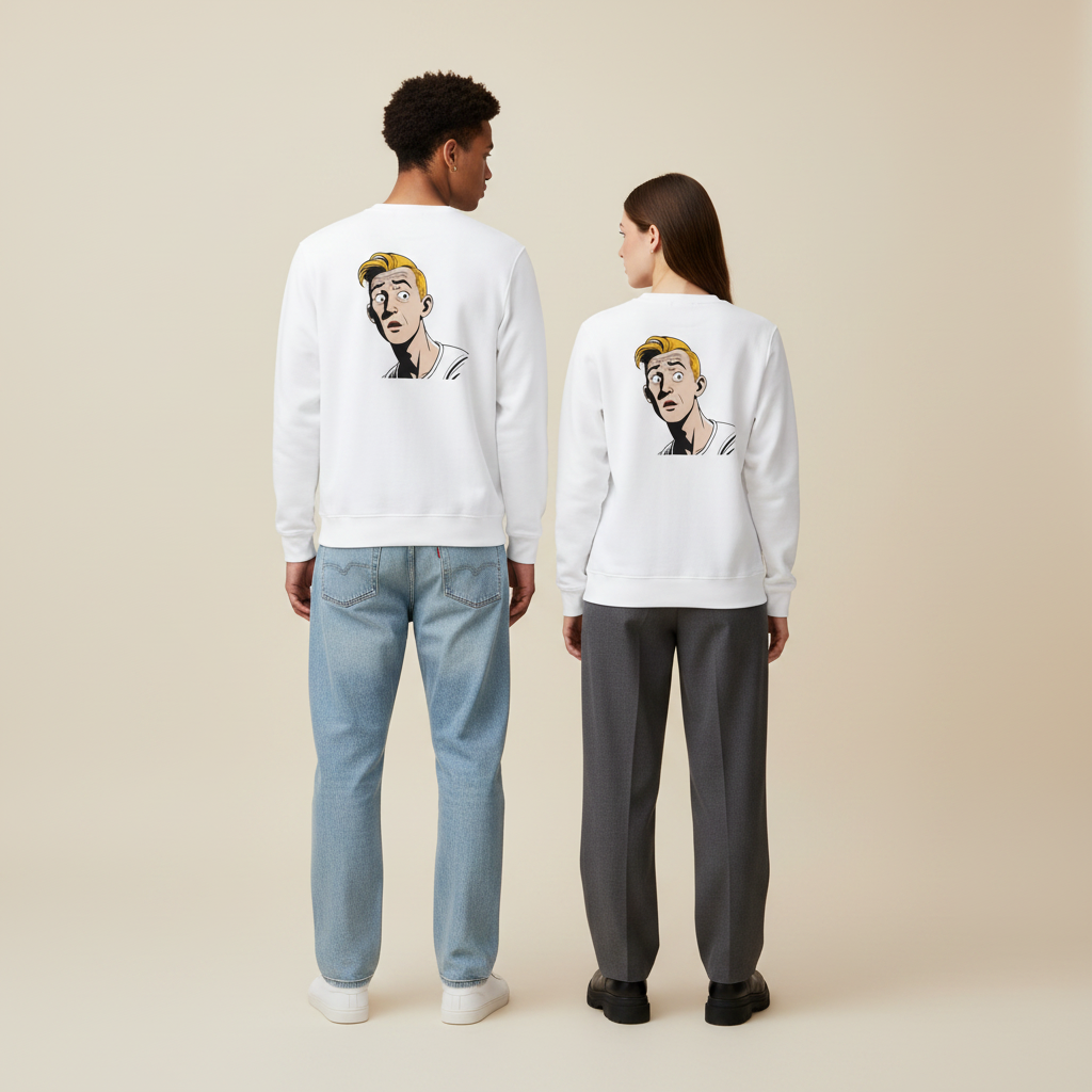 Weißes langarm sweatshirt mit cartoonillustration eines blonden mannes auf der rückseite vintage comic pullover für alltag und style