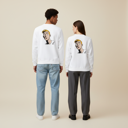 Weißes langarm sweatshirt mit cartoonillustration eines blonden mannes auf der rückseite vintage comic pullover für alltag und style