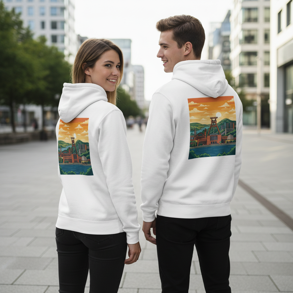 Weißer städte-hoodie mit nachhaltigem reißverschluss und farbiger illustrierter landschaft auf der rückseite