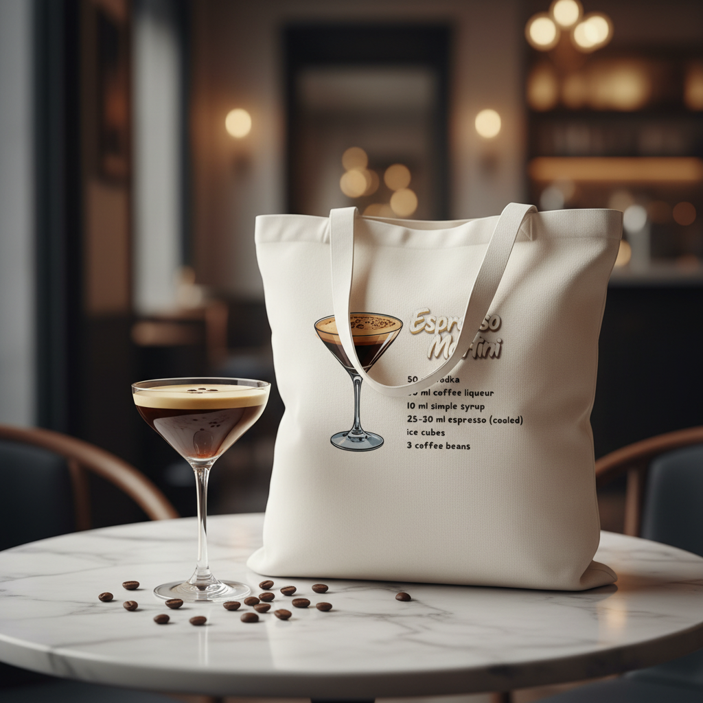 Cremefarbener canvas-taschenbeutel mit gedrucktem espresso martini cocktail und rezept aus 100 prozent baumwolle