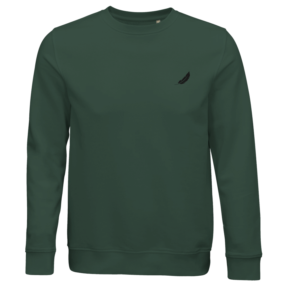 Dunkelgrüner vintage comic pullover mit kleiner schwarzer federstickerei auf der linken brust für alltag und style