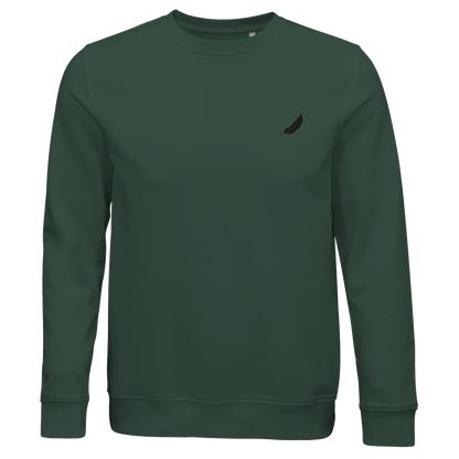 Dunkelgrüner vintage comic pullover mit kleiner schwarzer federstickerei auf der linken brust für alltag und style