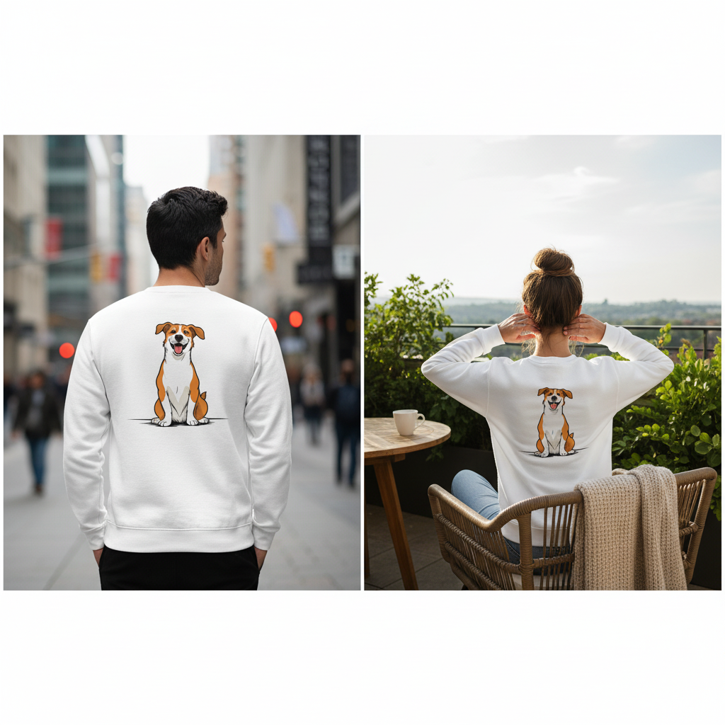 Weißer vintage comic pullover mit cartoon abbildung eines lächelnden braun-weißen hundes auf der rückseite
