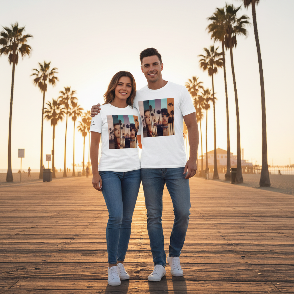 Weiße baumwoll t-shirts mit buntem stilisiertem porträt zweier menschen vor palmen print la sentimental heavyweight basic