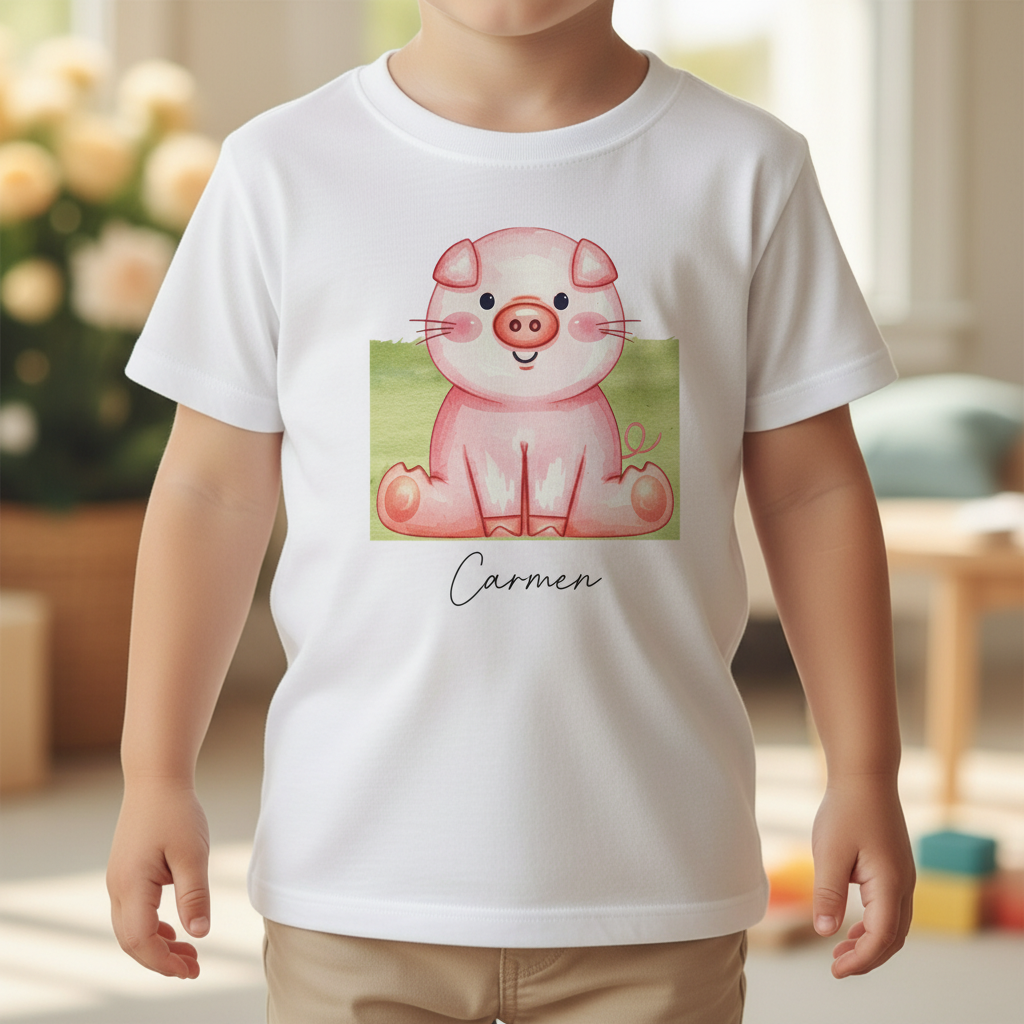 Weiße baumwoll-kinder t-shirt mit rosa cartoon-schwein und name carmen personalisiert für kindergeburtstag und schule