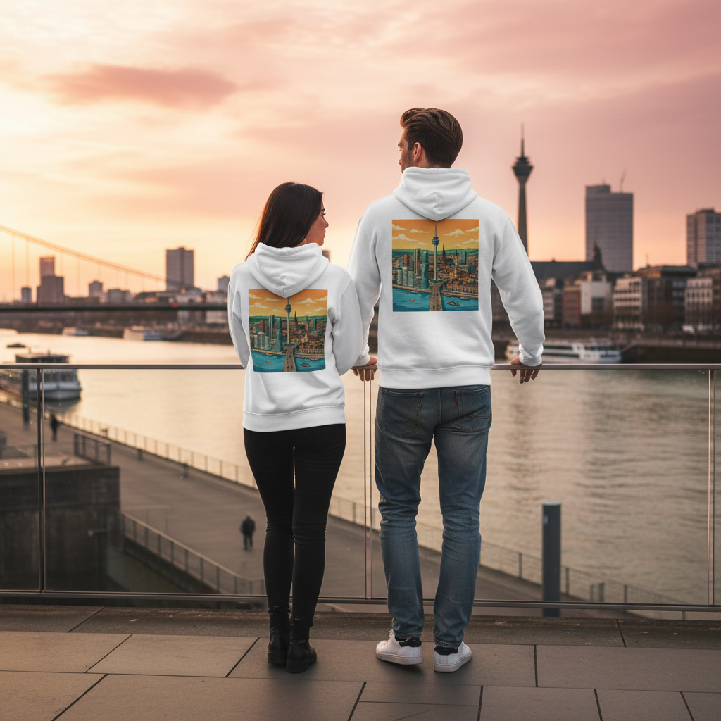 Weißer städte-hoodie mit buntem cityscape-backprint auf der rückseite nachhaltiger reißverschluss-kapuzenpullover