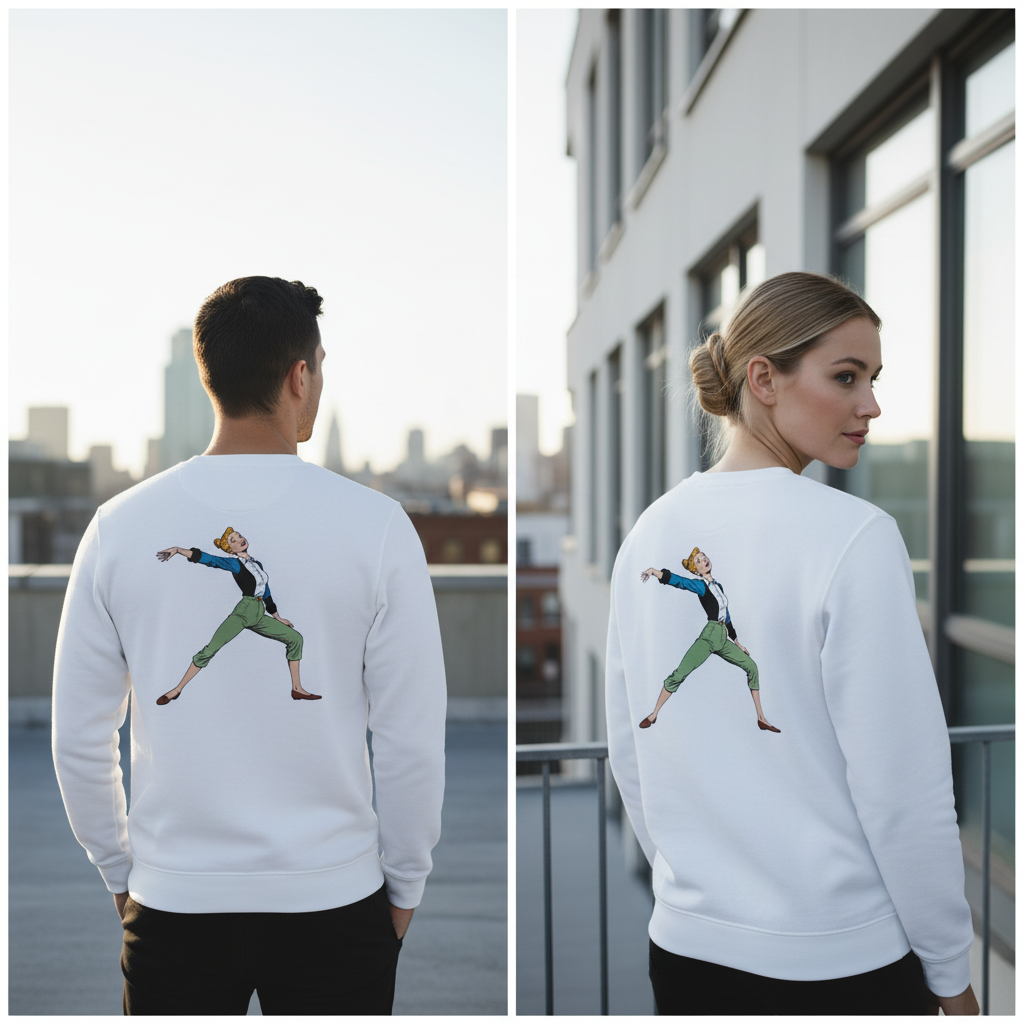 Weißer crewneck pullover mit bunter cartoon tanzillustration vintage comic pullover humorvoller sarcasm style