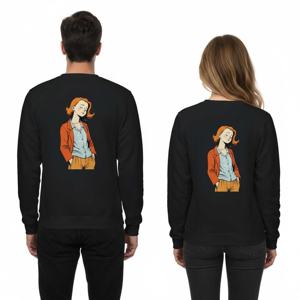 Schwarzer vintage comic pullover mit cartoon einer frau mit orangen haaren und orange jacke für alltag und style
