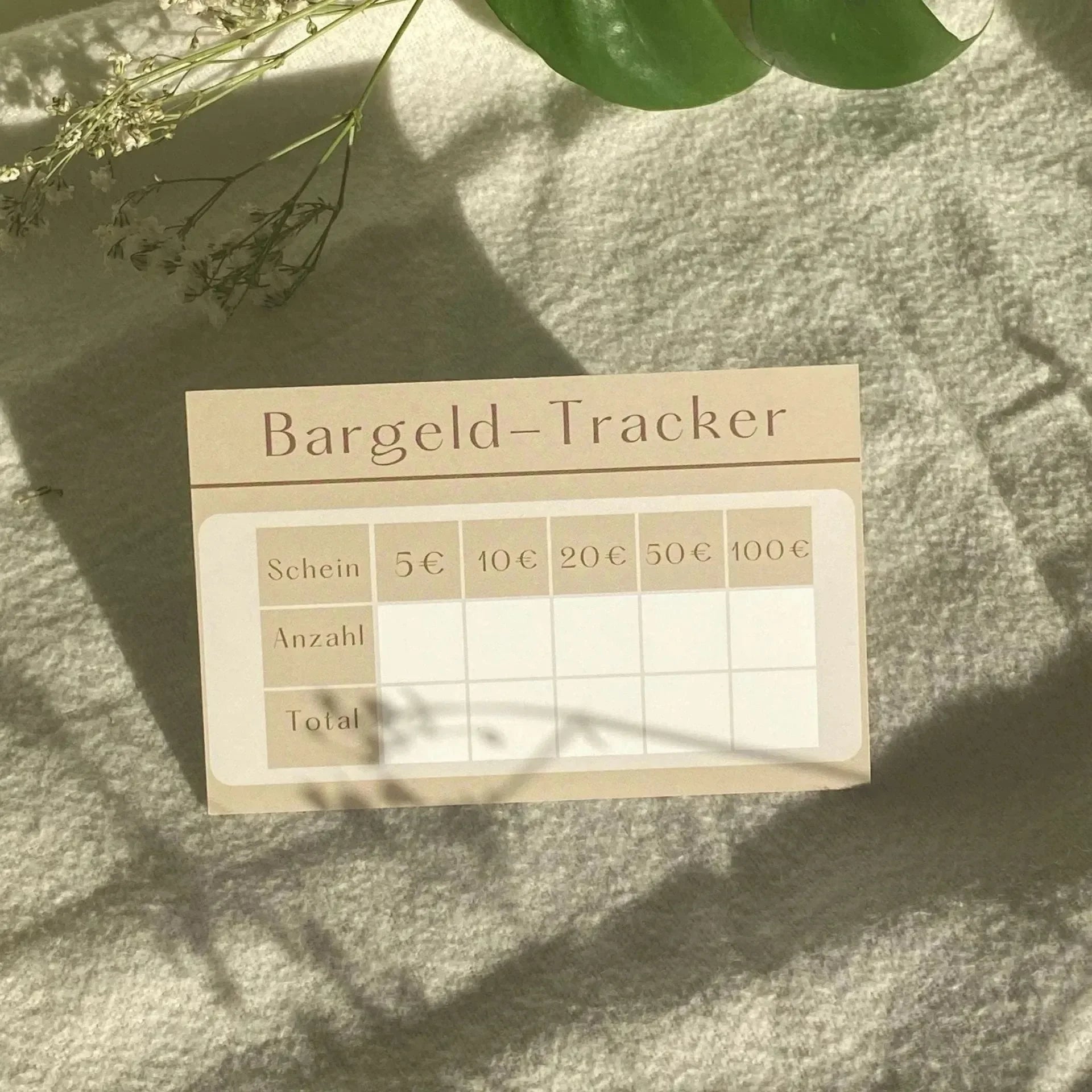 Die beige Karte "Grundausstattung Budget Planung" von BeginnerBudget zeigt Spalten für 5€, 10€, 20€, 50€ und 100€ Scheine sowie Zeilen für Anzahl und Gesamt. Sie liegt auf einer weichen Fläche mit Blätter-Schatten.