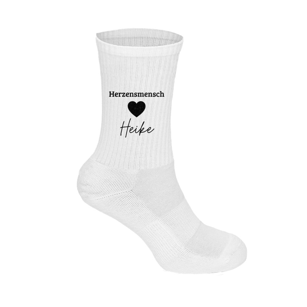 Weißes herzensmensch tennissocken mit rippenstruktur aus bio-baumwolle personalisierbar mit namen heike