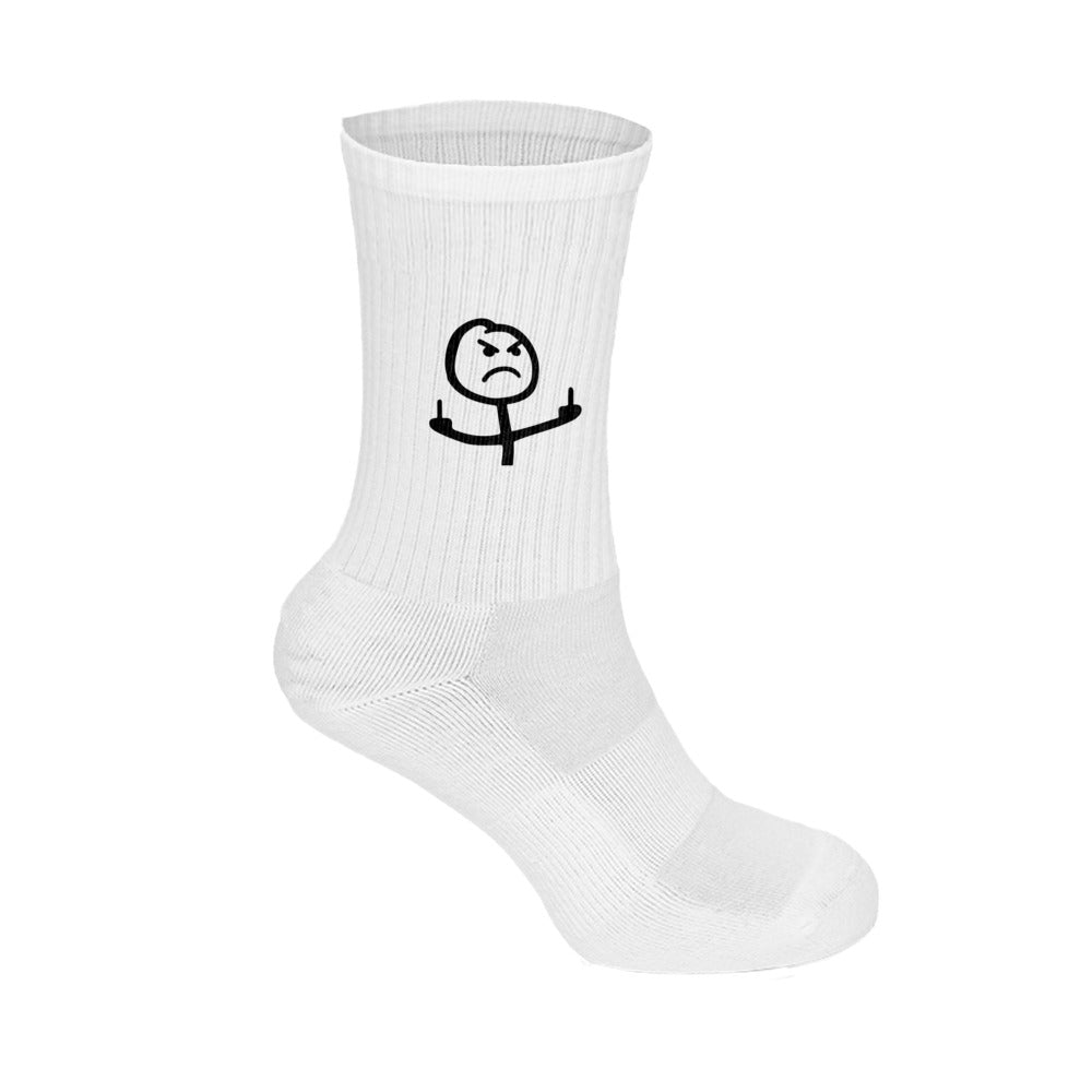 Weiße unisex baumwollsocken mit schwarzem stickmännchen motiv einer wütenden hand mit ausgestrecktem mittelfinger