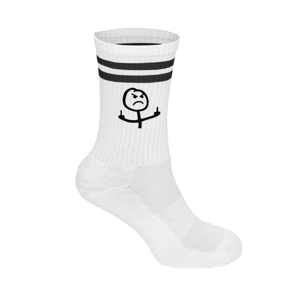 Weiße unisex baumwollsocken mit schwarzen streifen und lustigem stickmännchen motiv mit beleidigenden gesten