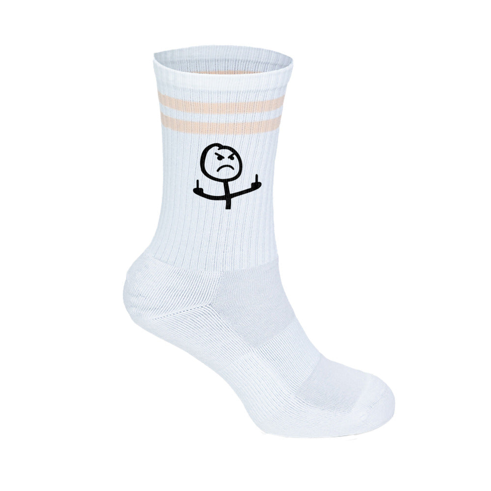 Weiße unisex baumwollsocken mit beigen streifen und schwarzem stickmännchen motiv mit frechen handzeichen