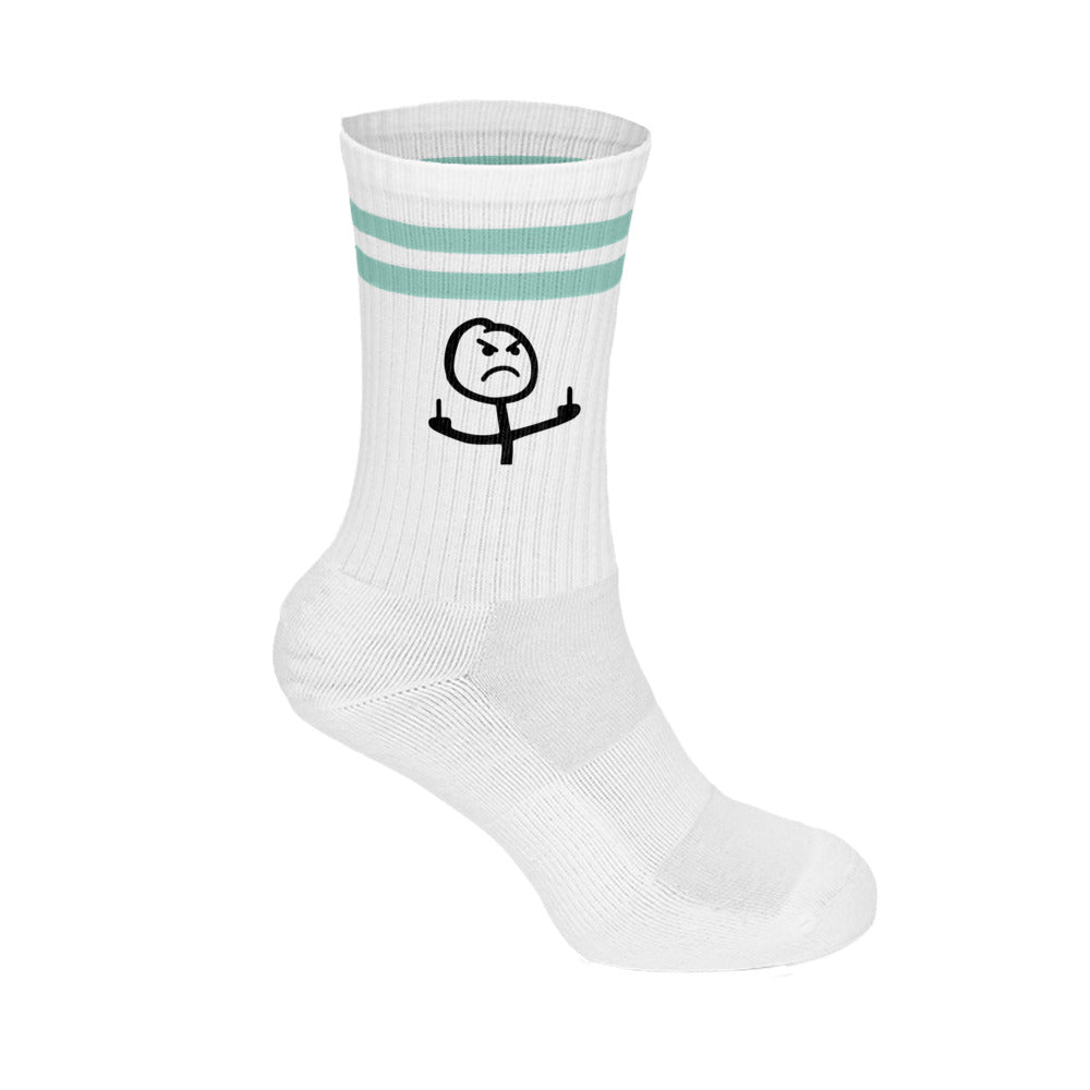 Weiße unisex baumwollsocken mit stickmännchen-motiv und mintgrünen streifen lustige mittelfinger-socken