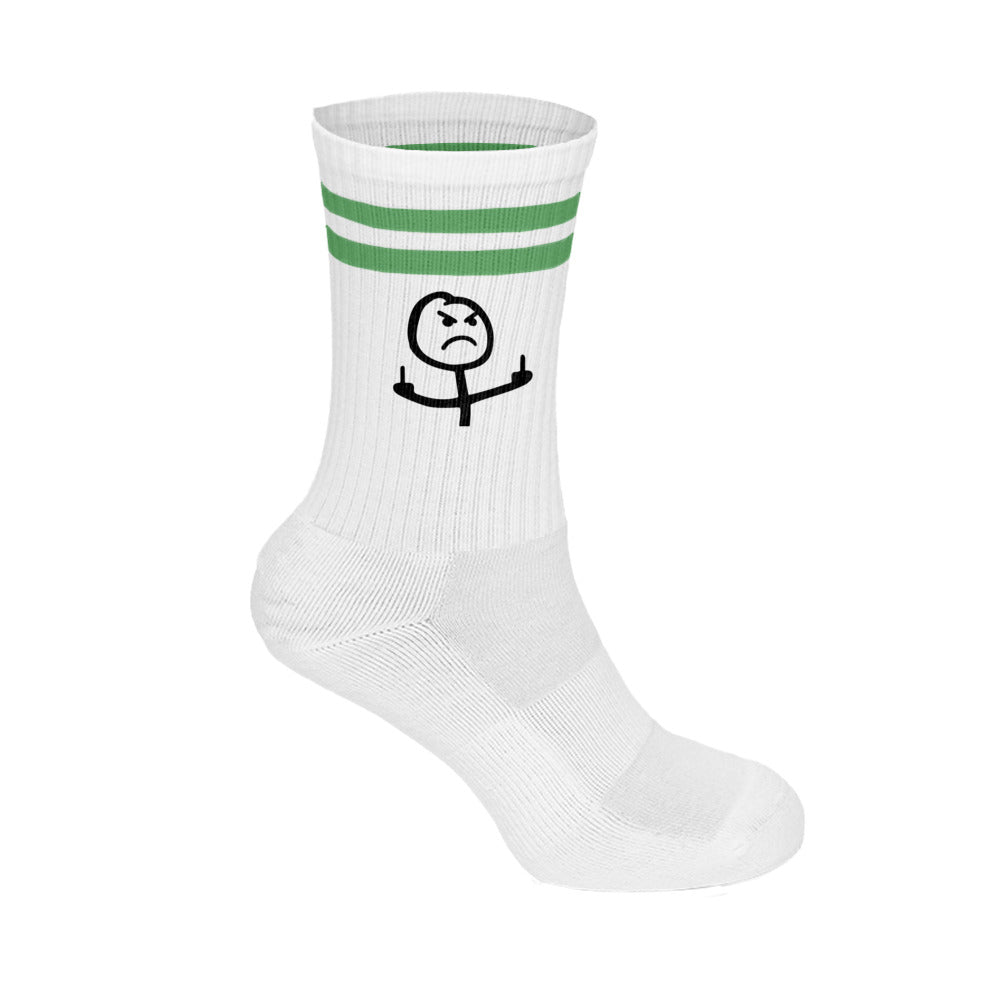 Weiße unisex baumwollsocken mit zwei grünen streifen und schwarzem stickmännchen motiv mit mittelfingergruß