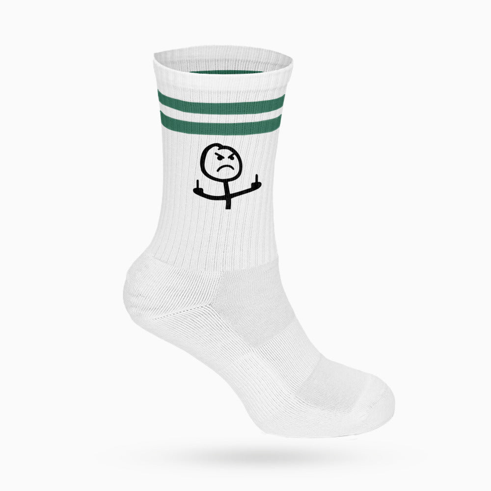 Weiße unisex baumwollsocken mit drei grünen streifen und schwarzem stickmännchen-motiv mit mittelfingergruß